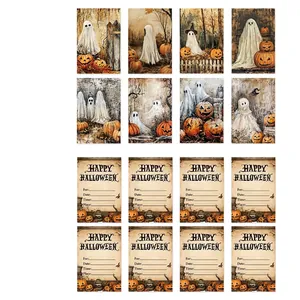 Set of 8 Halloween party invitations featuring ghosts and pumpkins on heavy cardstock