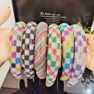 Set of six wide padded headbands with colorful rhinestones and checkered patterns
