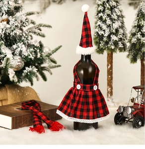 Three-piece red and black plaid Christmas wine bottle cover with hat and scarf decor