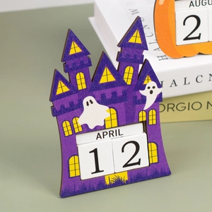 Detailed side view of purple wooden Halloween countdown calendar with ghost decor