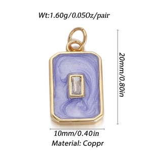 Detail of gold rectangular pendant with purple enamel and zircon stone with size dimensions