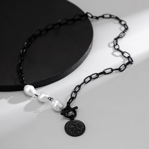 Men's necklace with black chain, baroque pearls and coin pendant in minimalist style