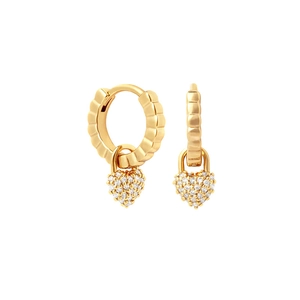 Golden heart drop earrings with pave zircons and wavy texture hoops for women