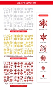 Detailed dimension chart showing sizes for gold and silver snowflake window stickers