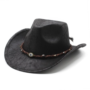 Cappello Da Cowboy Western Vintage Ecopelle Trama Crepata Malocchio Fascia Intrecciata Tesa Larga Jazz Cap Unisex