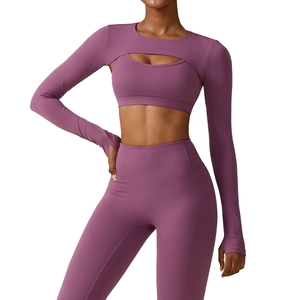 Three-piece yoga set featuring long sleeve hollow-out cover up and high waist leggings
