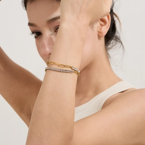 18k gold plated stainless steel double-layered bracelet with rectangular zircon stones