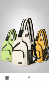Detail view of colorful oxford chest bags showing durable fabric and spacious compartments