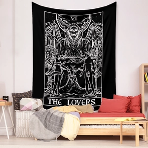 Detail of Bohemian The Lovers tarot tapestry with dark skull and volcanic scene background