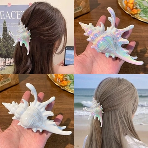 Oversized shell-shaped acrylic hair claw clip for beach style in pearlescent white