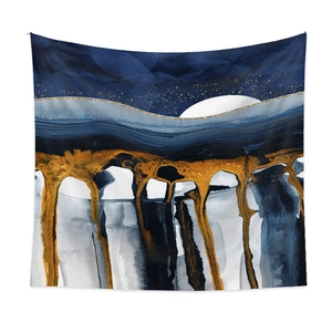 Detail of abstract landscape tapestry with blue mountains and gold foil fluid texture