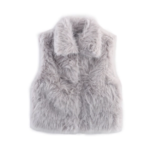 Fashionable light gray faux fur vest for women featuring a stand-up collar and loose fit