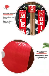 Detail of red non-woven Christmas banners with Santa and snowman patterns