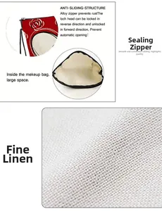 Detail of rose print cosmetic bag showing fine linen texture and durable metal zipper