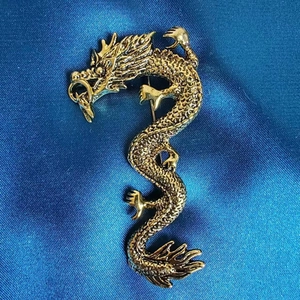 Eleganter goldener Drachen-Anstecker mit Schuppendetails auf blauem Satinhintergrund