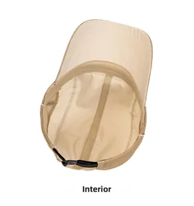 Internal view of khaki mesh baseball cap showing breathable fabric and adjustable strap