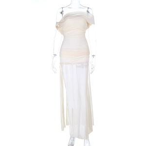 Detail of cream one-shoulder draped dress with elegant ruched texture and sheer hem
