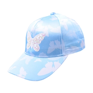 Detail of light blue butterfly print baseball cap with sequined butterfly embroidery