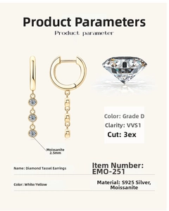 Detail view of S925 silver moissanite tassel earrings featuring D color VVS1 stones
