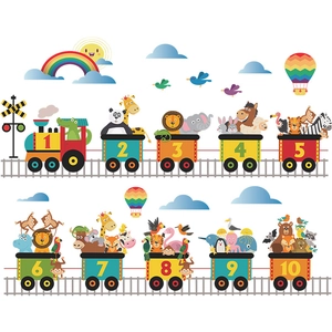 Cartoon animal train wall sticker with numbers 1 to 10 for nursery kids room decoration