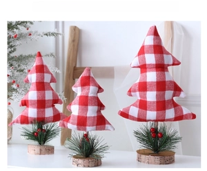Three-piece red and white checkered fabric Christmas trees with wooden base and pine needles