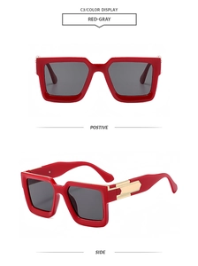 Front and side views of square red sunglasses with grey lenses and gold metal accents