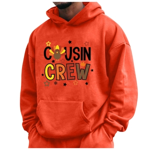 Orangefarbener Hoodie mit Cousin Crew Truthahn-Print und Kängurutasche für Damen und Herren