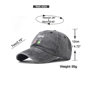 Size chart for washed cotton baseball cap with Jesus graphic and caller interface details