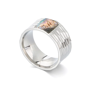 Vintage wide hammered stainless steel ring with rectangular colorful abalone shell inlay