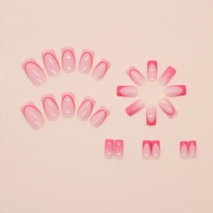 24-piece set of rose pink gradient and French tip square press-on nails for women