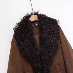 Brown faux suede jacket with contrasting black curly faux fur collar and trim