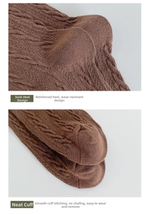 Detailed macro view of reinforced heel and flat seam on brown cable knit cotton socks