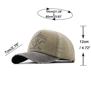 Retro washed cotton baseball cap with anchor print and contrast color brim design