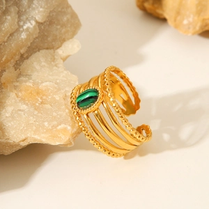 French court style gold layered ring with natural malachite inlay and open band