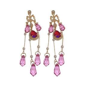 Vintage gold tassel earrings with pink and red crystal drops and white pearls