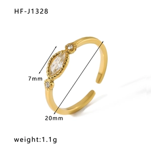 Detail of gold-plated open ring with 7mm marquise-cut zircon and size measurements