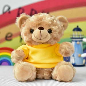 Close-up detail of a soft teddy bear plush wearing a vibrant yellow t-shirt toy