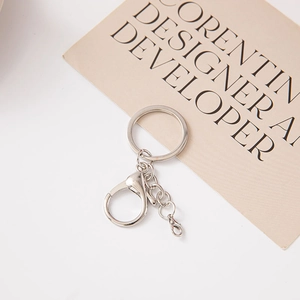 Three-piece silver alloy keychain set with lobster clasp and chain on white background