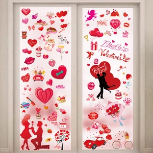 Valentine's Day window decals with red hearts, Cupids and romantic silhouettes on glass