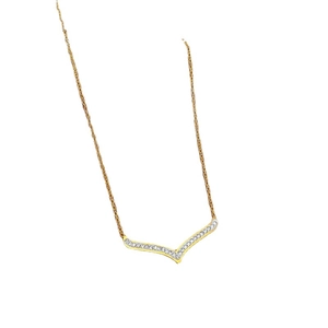 Minimalist titanium steel gold V-shape necklace with sparkling crystals on white background