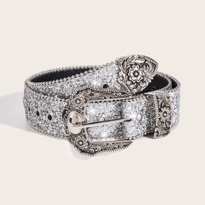 Silver star studded belt with vintage floral buckle and sequins for western outfits