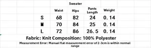 Detailed size chart for women's knitted set including waist, hip, and length measurements