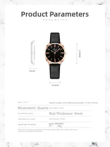 Detailed specification sheet for square crystal-set quartz watch with black leather strap