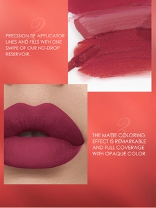 Detail of matte deep berry lip gloss with precision tip applicator and full coverage effect