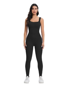 Combinaison de yoga noire sans manches en tricot côtelé pour le fitness et le sport