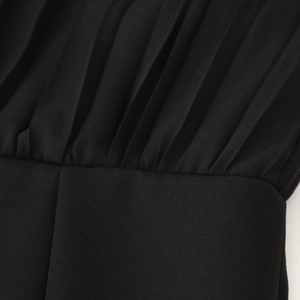 Elegant black chiffon mini dress with pleated design and tie waist for urban commuting style