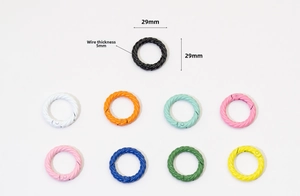 Detail of 29mm colorful twist rope spring rings for DIY keychains and bags accessories