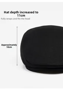 Detail view of cotton flat cap showing 11cm deep fit and 10cm side depth measurements