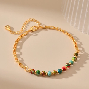 Retro 18K Gold Plated Brass Bracelet With Colorful Natural Stone Beads And Rectangular Link Chain Adjustable For Women