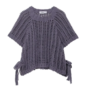 Close-up of purple hollow knit top with intricate side lace-up ribbon detailing